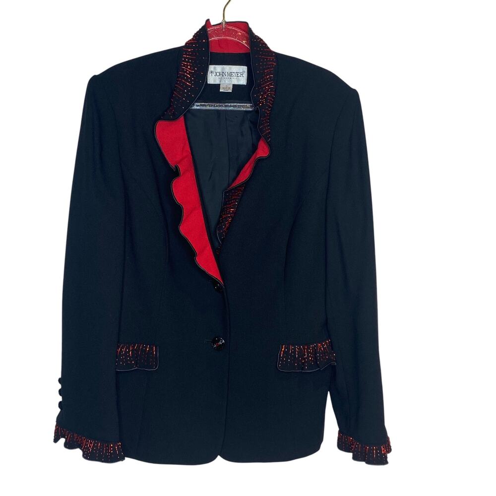 John Meyer of Norwich Womens Size 10‎ Red Black Blazer Jacket Ruffle Beads Lined